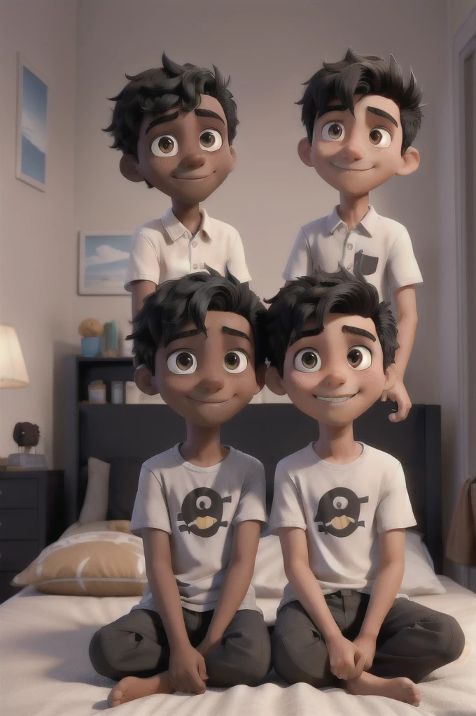 Two boys, one with light black skin and one with black hair sitting on the bed in the room taking photos happily as a couple.