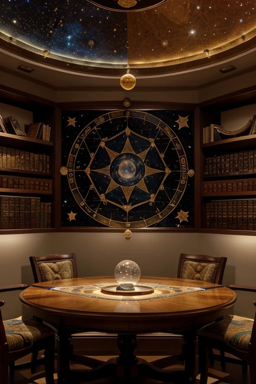 a room decorated with ancient and modern celestial maps on the walls, where the constellations and planets are represented in their current position.  In the center, a circular table with an astrolabe and a globe, surrounded by old books on astrology and astrological charts. 

 On the shelves are jars of herbs and minerals used in historic astrological practices, along with crystals and gemstones associated with the planets.  On the walls, graphics showing planetary alignments and their astrological interpretations. 

 In one corner, there is a small telescope focused on observing the celestial bodies that influence astrology, while at another table, an astrologer analyzes astronomical data and makes astrological forecasts. 

 This astrological laboratory combines the scientific rigor of astronomy with the symbolic and philosophical interpretation of astrology, seeking to understand and explain the relationship between the cosmos and human destiny.