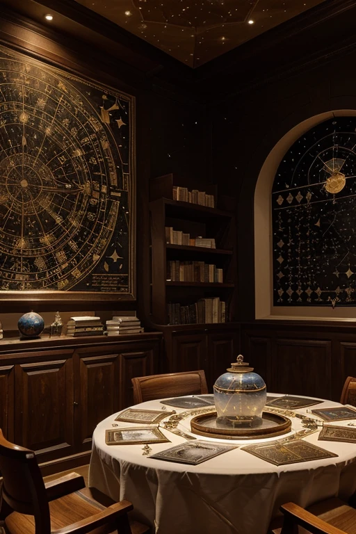 a room decorated with ancient and modern celestial maps on the walls, where the constellations and planets are represented in their current position.  In the center, a circular table with an astrolabe and a globe, surrounded by old books on astrology and astrological charts. 

 On the shelves are jars of herbs and minerals used in historic astrological practices, along with crystals and gemstones associated with the planets.  On the walls, graphics showing planetary alignments and their astrological interpretations. 

 In one corner, there is a small telescope focused on observing the celestial bodies that influence astrology, while at another table, an astrologer analyzes astronomical data and makes astrological forecasts. 

 This astrological laboratory combines the scientific rigor of astronomy with the symbolic and philosophical interpretation of astrology, seeking to understand and explain the relationship between the cosmos and human destiny.