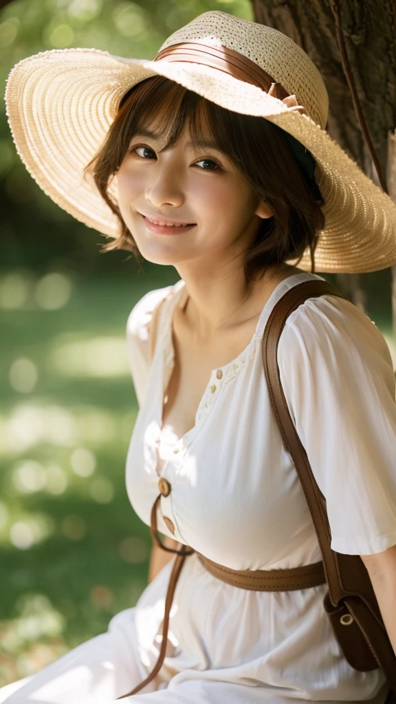 ((最high quality, 8K, masterpiece: 1.3)), (close:0.75), Realistic, Sharp focus, high quality, High resolution, Japanese middle-aged mature woman,Huge Busty Woman、36Middle-aged woman、Chubby body type、Mature woman with huge breasts (Wearing a white dress with a large opening at the chest)、 ((Very strong sunlight)), smile,Brown hair Sonyoung,かわいいsmile、Sit on a bench in the shade of a forest tree、Cowboy Shot、In an image that emphasizes the chest area