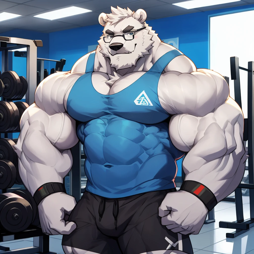 solo, 1boy, Huge Muscular White Polar Bear wearing glasses, huge white fur, pectoral, huge pectoral, wide pectoral, short white hair, blue colored short pants, blue colored wristbands and blue colored tank top, white bearded, white Mustache, white fur, black eyebrows, gym fitness center background, masterpiece, high detailed, 8k, high resolution, at the gym, flexes huge thorax, looking at the viewer, acting all hunk