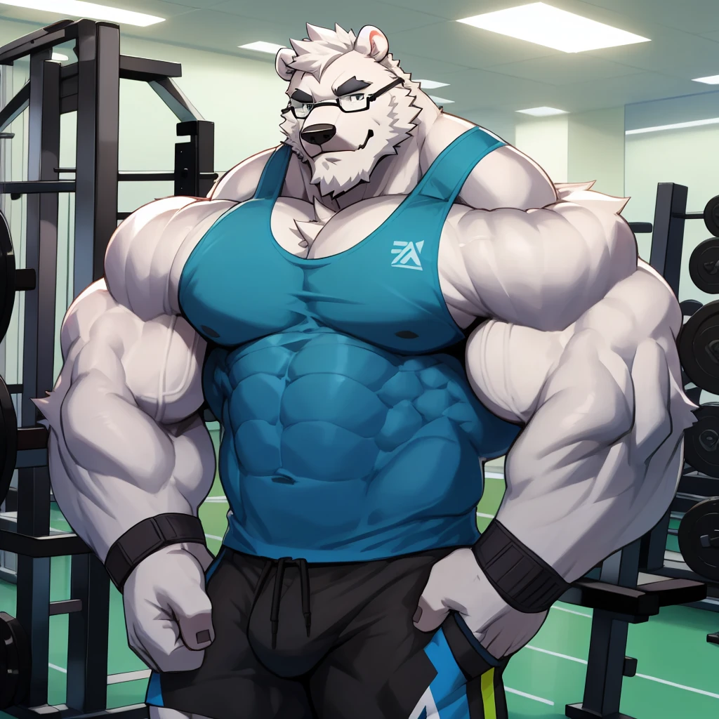 solo, 1boy, Huge Muscular White Polar Bear wearing glasses, huge white fur, pectoral, huge pectoral, wide pectoral, short white hair, blue colored short pants, blue colored wristbands and blue colored tank top, white bearded, white Mustache, white fur, black eyebrows, gym fitness center background, masterpiece, high detailed, 8k, high resolution, at the gym, flexes huge thorax, looking at the viewer, acting all hunk