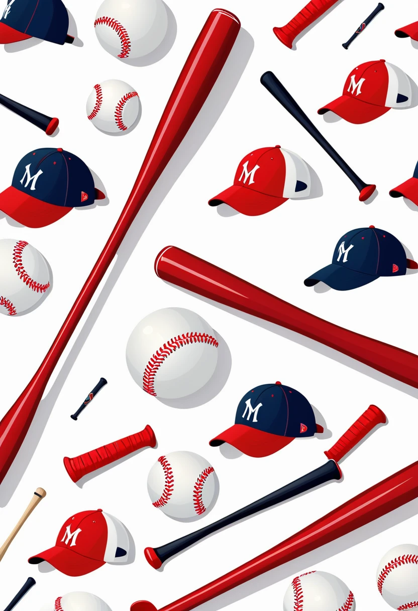 seamless pattern of baseball equipment and bats on a white background, baseball, 高清illustration, baseball bat, stock art, Solid color background, phone wallpaper, Seamless pattern design, 卡通illustration, illustration, flat, Icon, Full scene, White background