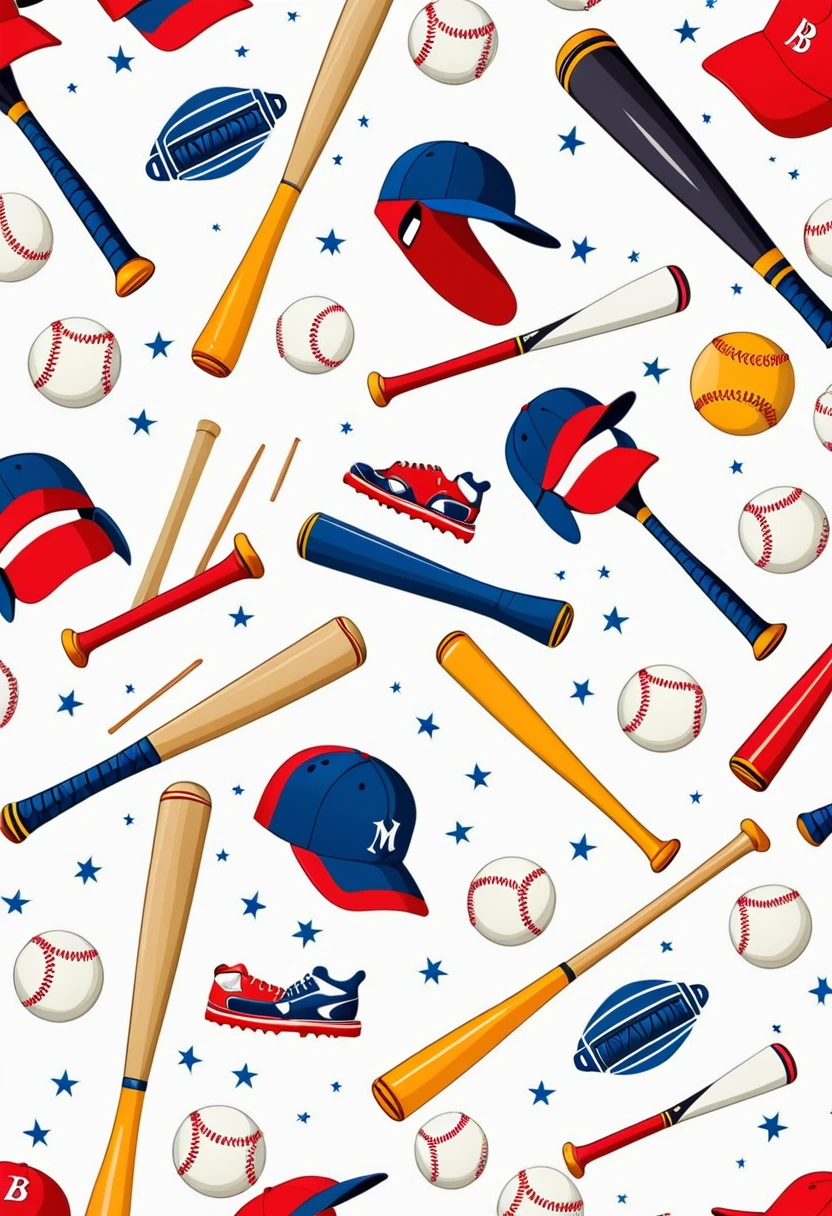 seamless pattern of baseball equipment and bats on a white background, baseball, 高清illustration, baseball bat, stock art, Solid color background, phone wallpaper, Seamless pattern design, 卡通illustration, illustration, flat, Icon, Full scene, White background