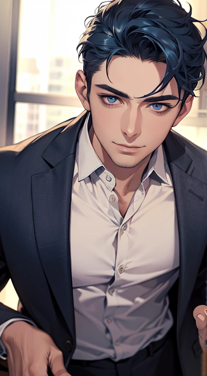 (best quality,4k,8k,highres,masterpiece:1.2),ultra-detailed,(realistic,photorealistic,photo-realistic:1.37),1 man,31 years old,mature man,very handsome,without expression,smile,short blue hair,blue eyes,penetrating gaze,perfect face without errors,imposing posture,businessman,office background,cinematic lighting,hdr image