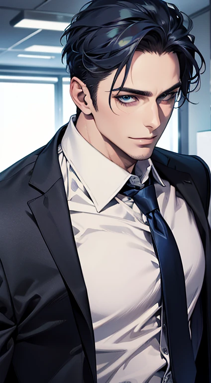 (best quality,4k,8k,highres,masterpiece:1.2),ultra-detailed,(realistic,photorealistic,photo-realistic:1.37),1 man,31 years old, man,very handsome,without expression,smile,short blue hair,blue eyes,penetrating gaze,perfect face without errors,imposing posture,businessman,office background,cinematic lighting,hdr image