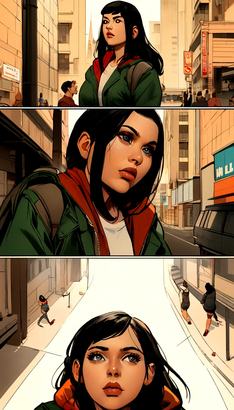 28 year old girl, dark hair, short to the shoulders confronting a man with the money he left him (Ultrarealistic photographic art,urban style, comic style, simple drawing)