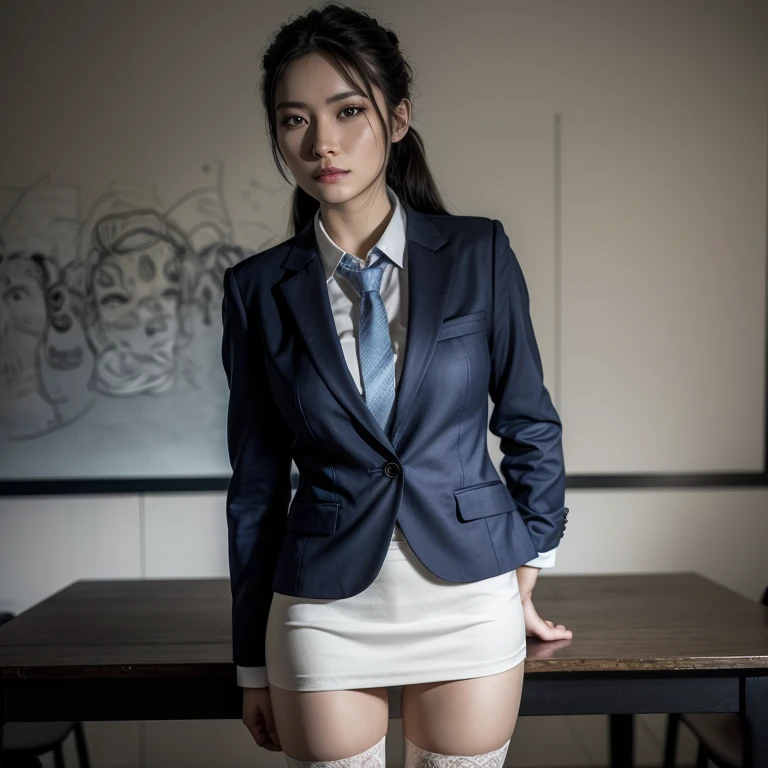 a beautiful young woman with long black hair in twin tails, beautiful detailed eyes, beautiful detailed lips, extremely detailed eyes and face, long eyelashes, wearing a blue blazer style uniform with tie and tight skirt, knee socks, standing in a ??????? club room, looking at the viewer with a sweet expression, surrounded by drawings of the human body on a blackboard, with a replica of the human bust on a table, (best quality, 4k, 8k, high resolution, masterpiece : 1.2), ultra-detailed, (realistic, photorealistic, photorealistic: 1.37 ), HDR, UHD, studio lighting, ultra-fine painting, sharp focus, physically based rendering, extreme detail depiction, professional, vivid colors, bokeh , portraits, photography, warm colors, dramatic lighting
