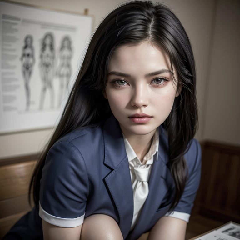 a beautiful young woman with long black hair in twin tails, beautiful detailed eyes, beautiful detailed lips, extremely detailed eyes and face, long eyelashes, wearing a blue blazer style uniform with tie and tight skirt, knee socks, standing in a anatomy club room, looking at the viewer with a sweet expression, surrounded by drawings of the human body on a blackboard, with a replica of the human bust on a table, (best quality, 4k, 8k, high resolution, masterpiece : 1.2), ultra-detailed, (realistic, photorealistic, photorealistic: 1.37 ), HDR, UHD, studio lighting, ultra-fine painting, sharp focus, physically based rendering, extreme detail depiction, professional, vivid colors, bokeh , portraits, photography, warm colors, dramatic lighting
