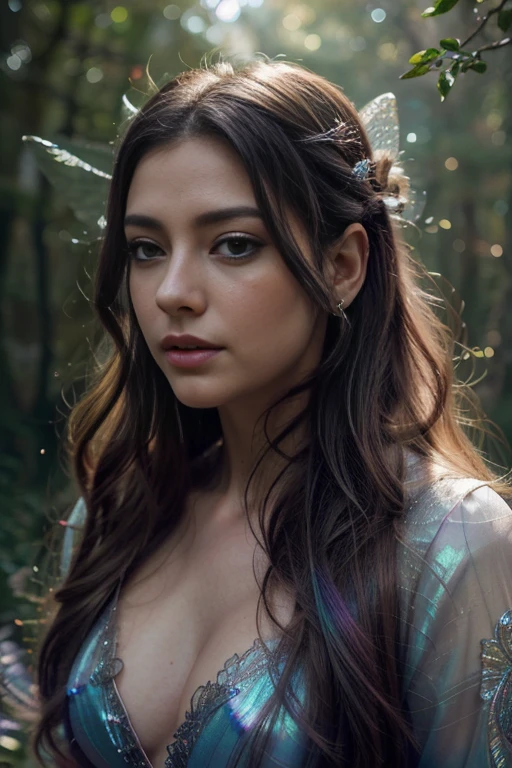 a beautiful sexual fairy, detailed ethereal face, long eyelashes, full lips, delicate skin, flowing hair, fairy wings, iridescent colors, magical forest background, fantasy landscape, photorealistic, 8k, hyper detailed, cinematic lighting, dramatic shadows, vibrant colors, intricate details