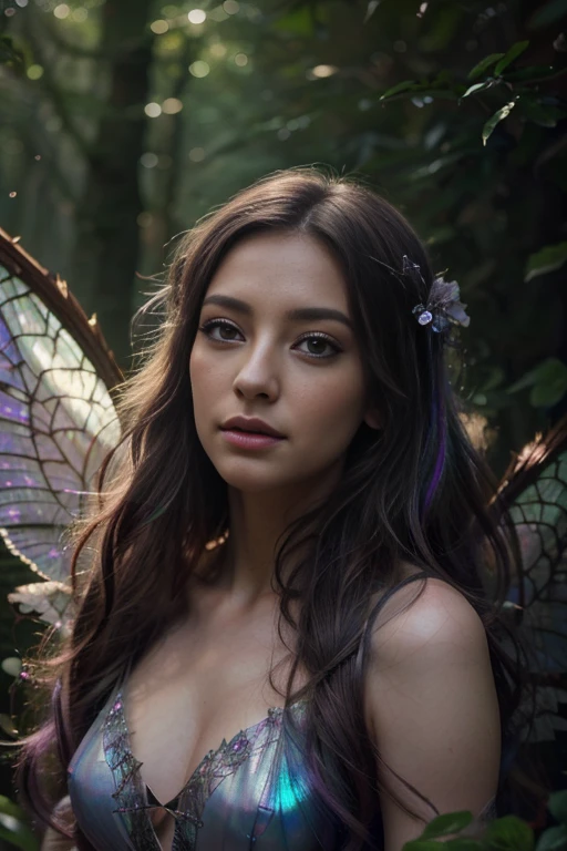 a beautiful sexual fairy, detailed ethereal face, long eyelashes, full lips, delicate skin, flowing hair, fairy wings, iridescent colors, magical forest background, fantasy landscape, photorealistic, 8k, hyper detailed, cinematic lighting, dramatic shadows, vibrant colors, intricate details