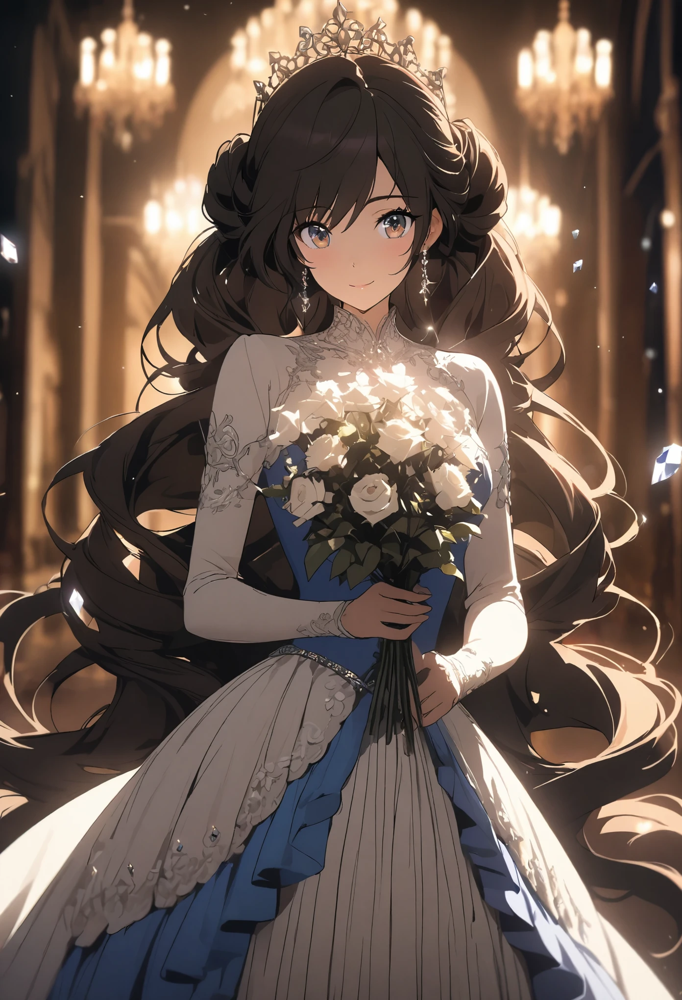 Drama, Court dress, Royal, Gorgeous, 层叠的Ruffles, Ruffles, bow, Crystal chandeliers, Roman Curl Hairstyle, Will release, Double ponytail like a drill, Looking at the camera, Bangs, Minimalism, Magnificent background, Delicate depiction of hair and eyes, Princess dress, Gorgeous skirts, Holding flowers, Smile, Eyes of the stars, Movie Lighting, Extremely detailed, HD, Happy girl, Very long hair, diamond, broken diamond, Crystal Shards, Light Particles