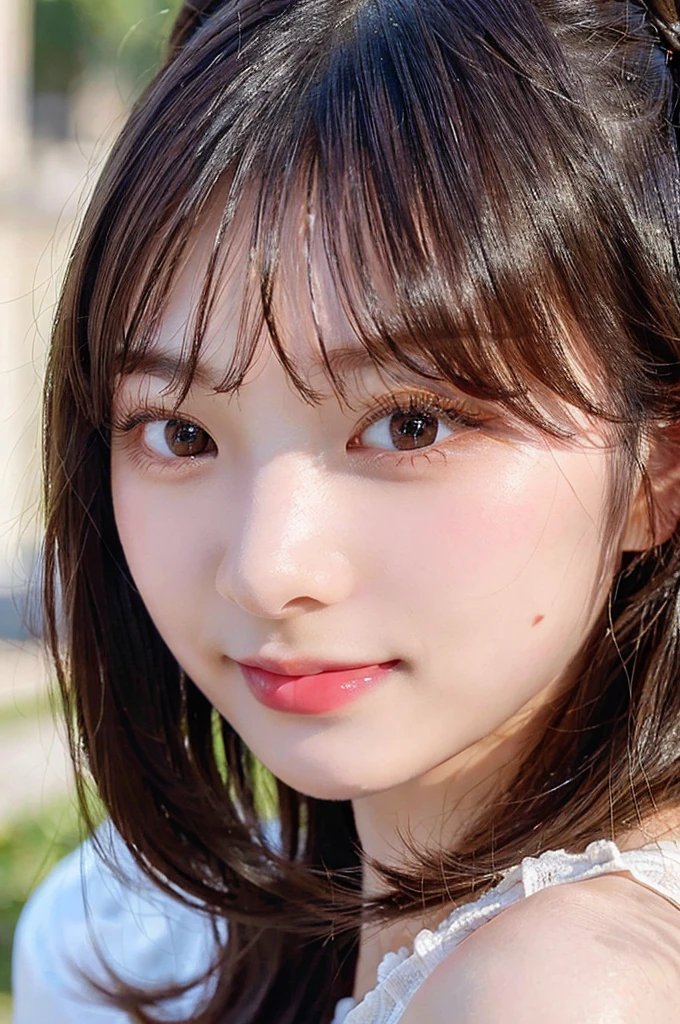 smiling, high-level image quality、20-year-old Korean girl photo, raw, beautiful woman, laughing, ((Portrait)), ((Detailed face:1.2)), ((A detailed face Characterized by fine skin), pale skin, (cold color), moist, photographed in a Canon EOS R5, 50mm Lens,(8K), very long upper eyelashes, Very long lower eyelashes, Detailed lashes, Curled eyelashes, eyelash perm, Beautiful lashes, Natural eyes,