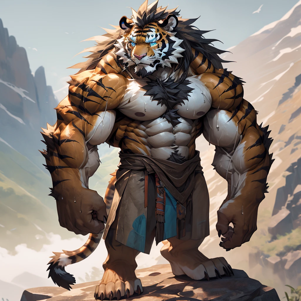 sweating a lot,muscular,Topless,Standing on the cliff at the top of the mountain,hairy,personification,chest hair,Serious face(scars in the face) Mature (blue eyes)Huge muscle ripped abs wild, Tribal chieftain tiger