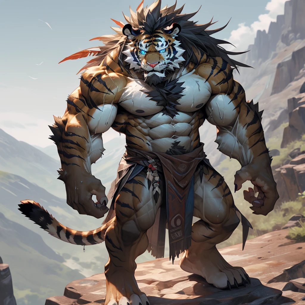 sweating a lot，muscular，Topless，Standing on the cliff at the top of the mountain，hairy，personification，chest hair，Serious face（scars in the face） Mature （blue eyes）Huge muscle ripped abs wild， Tribal chieftain tiger