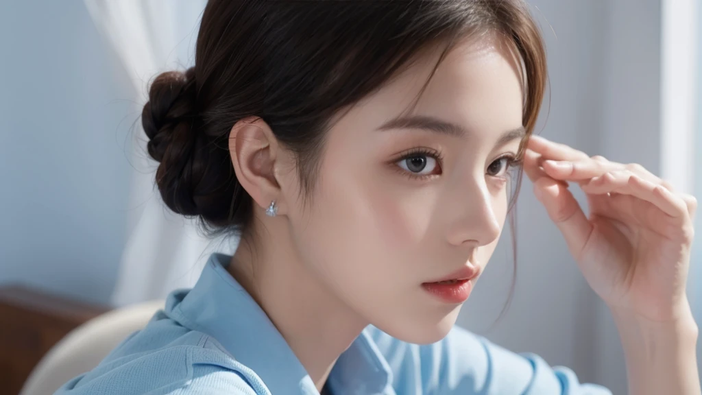 ((best quality)), ((masterpiece)), (detailed)，A woman wearing a light blue shirt，Hair tied high，Appears capable and elegant