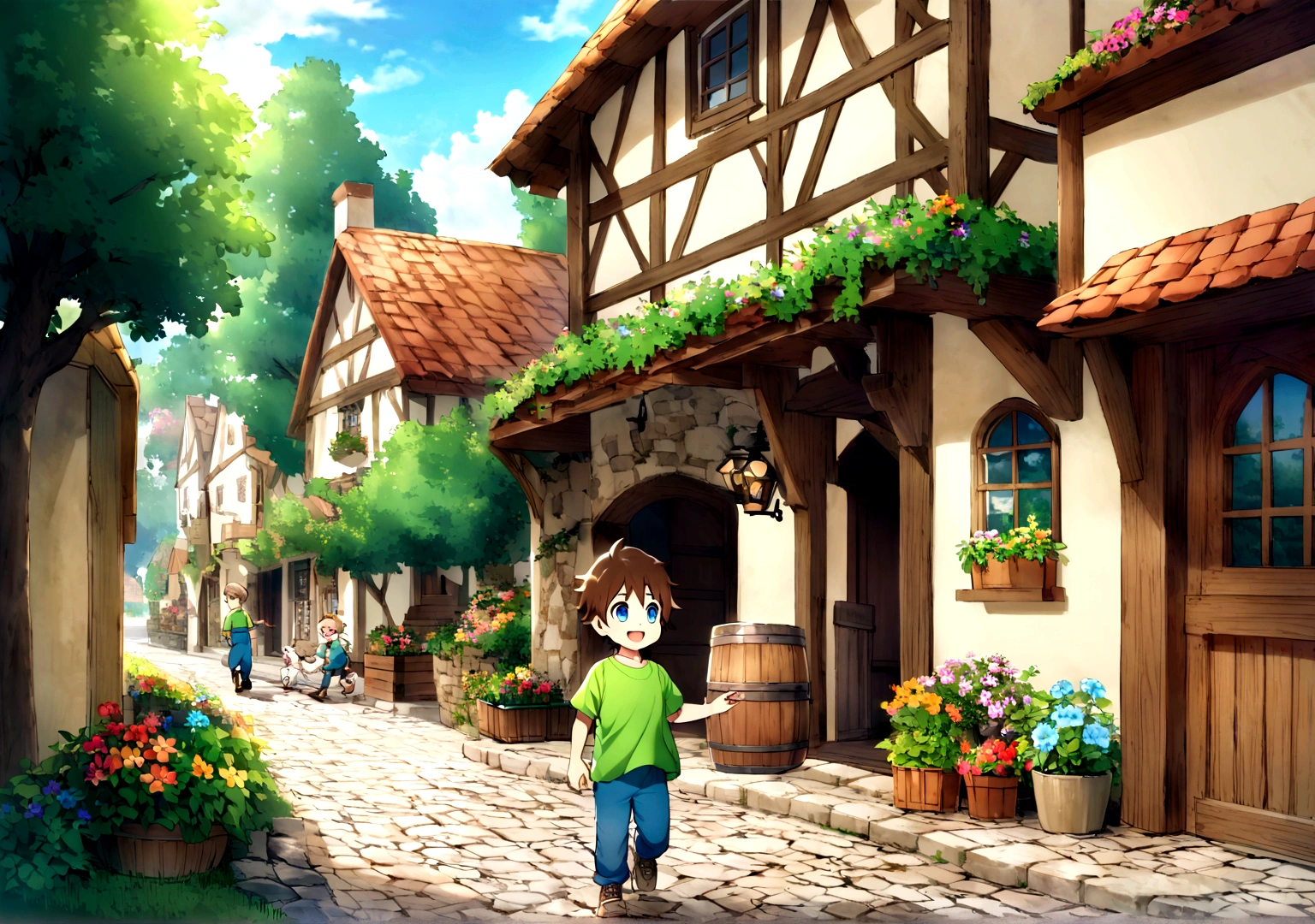 Jack is an eight-year-old boy with tousled brown hair and bright blue eyes. He wears worn-out blue jeans, a bright green t-shirt and sturdy brown sneakers. Jack is exploring the quaint village, his bright eyes filled with curiosity and excitement. He is walking along a cobblestone street, passing by small, charming houses with colorful flowers blooming in window boxes. The village is alive with activity; a baker stands outside his shop, a blacksmith works at his forge, and children play near a fountain. In the background, lush green trees and a clear blue sky indicate a sunny day. Jack's energetic presence and wide smile add to the warm and inviting atmosphere as he discovers new corners of the village, perhaps pausing to inspect a butterfly or to greet a friendly villager.