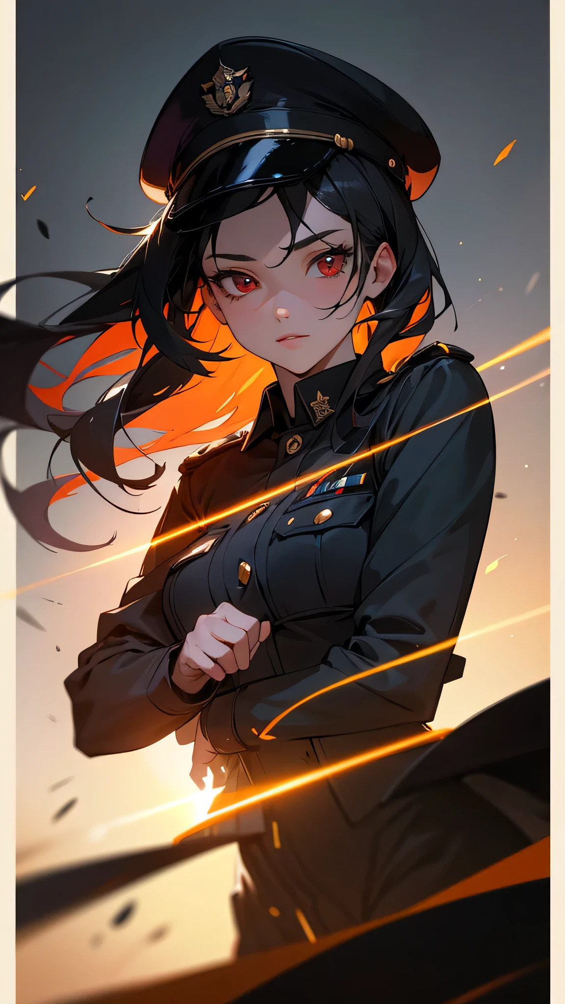 1 girl in black military uniform, 18 years old, military hat that matches the uniform, long black hair, red eyes, spider web background, full moon, moonlight, face in shadow, light particles, fantastical atmosphere, best quality, 4k, 8k, highres, masterpiece, ultra-detailed, realistic, photorealistic, photo-realistic, HDR, UHD, studio lighting, ultra-fine painting, sharp focus, physically-based rendering, extreme detail description, professional, vivid colors, bokeh