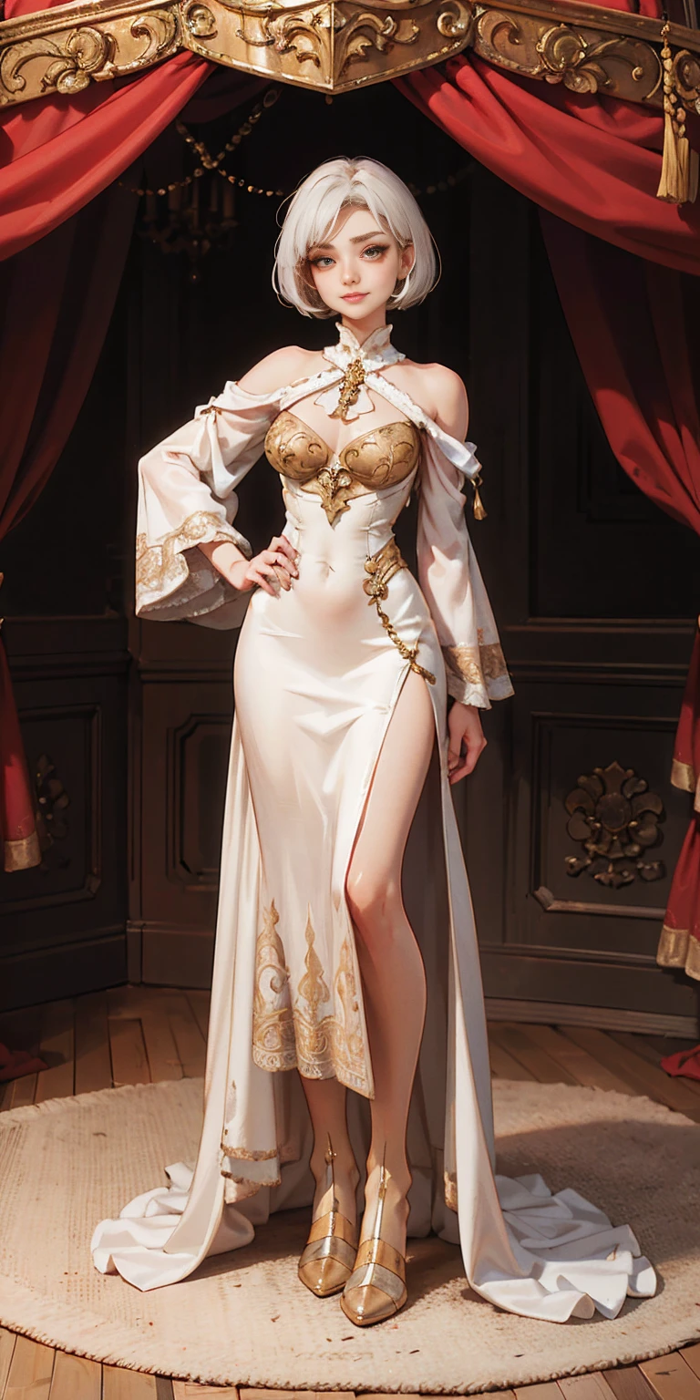 Setting: Royal bedroom - Grand, opulent, with rich fabrics and tapestries Character: Appearance: White hair - Short, styled in a sharp bob Full figure - Curvaceous Attire: High boots - Leather, reaching up the calves Elegant outfit - Befitting the royal setting (consider a dress, gown, or ensemble) Red tattoo - Delicate design on the navel Face - A confident smirk plays on her lips, eyes sparkling with amusement Pose: Full body - Standing tall Hands - Resting on hips in a commanding posture Additional details: (add to the background a four-poster bed, a plush rug, ornate furniture)