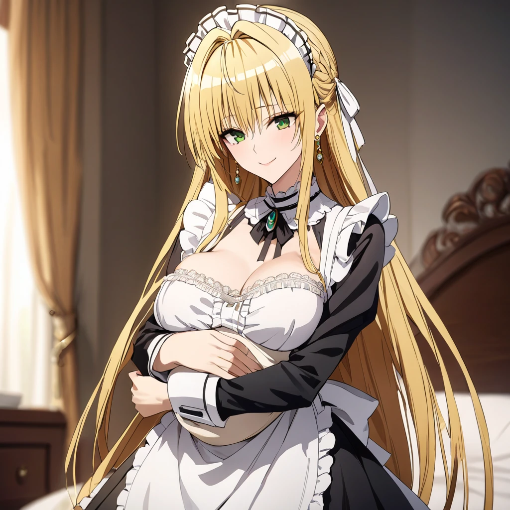 The luxurious and high-class Victorian maid outfit is evenly decorated with gorgeous gold embroidery and edging, and the blouse, apron, and headband also have gorgeous gold embroidery and edging.、((Highest quality)), ((masterpiece)), (detailed), （Perfect Face）、The woman is Tierre, with green eyes, medium-long blonde hair, a Victorian maid outfit and maid headband, jeweled earrings, and an engagement ring.、The woman is smiling fondly in a luxurious room、The Victorian maid uniform is a calm, old-fashioned type with long sleeves and a long skirt, decorated with luxurious gold embroidery and edging.、The woman holds her baby daughter in her arms