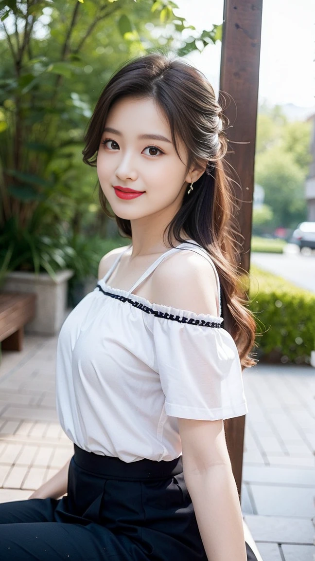 ((best quality, 8K, masterpiece: 1.3)), Key Points: 1.2, High school girl, Perfect S-shaped body, (Determined gaze) (Lovely), Delicate face, Waist-length hair, Flowing long hair, Tilting your head, Smile, Hair details, Detailed full body depiction, Delicate face Portrayal, Best image quality, high resolution, Detailed background, Delicate description, Fine details, Rich details, Red lips, Facial enhancement, (Short sleeves with open shoulders), Sitting by the garden, No eye bags