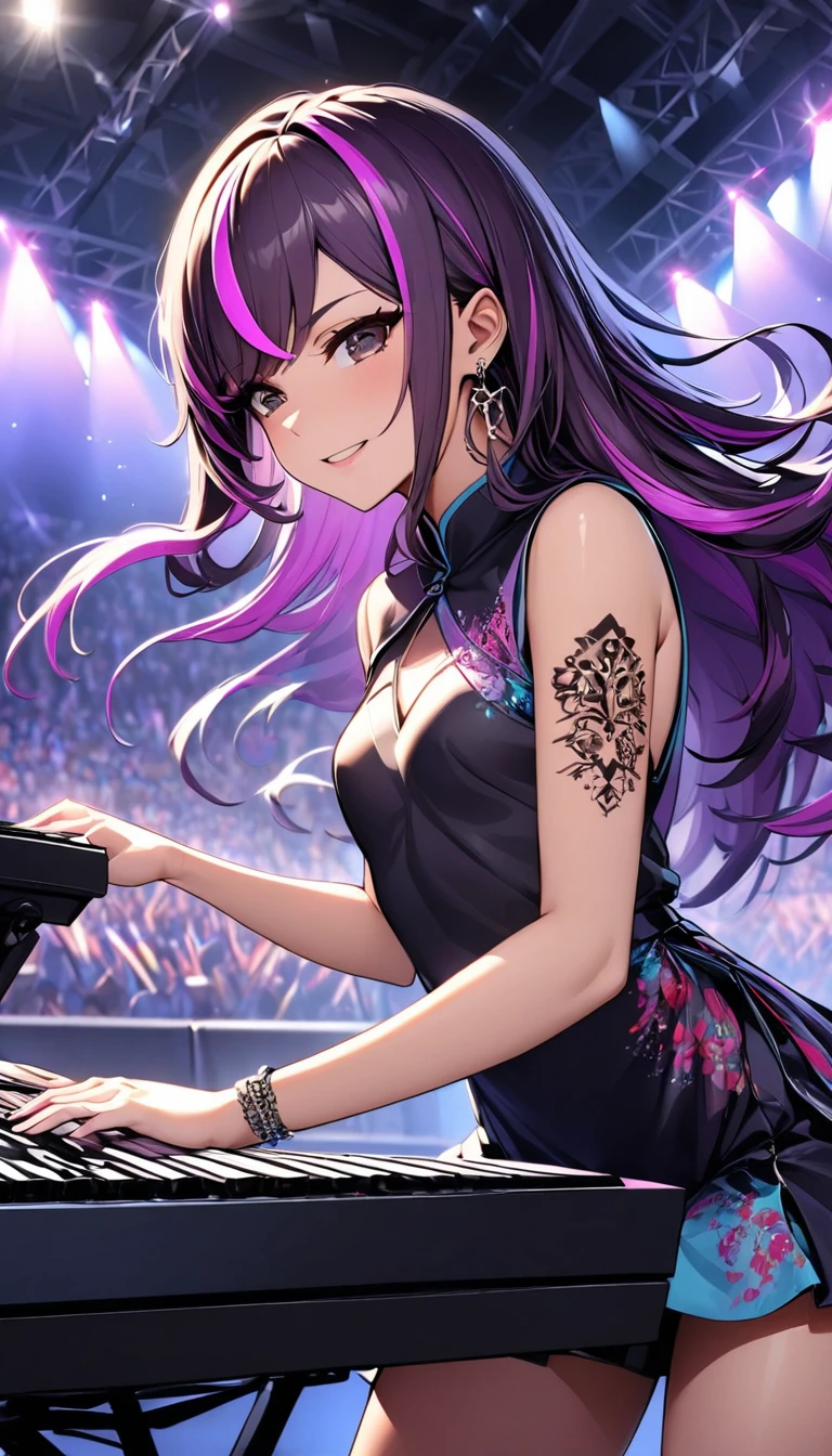 (highest quality:1.2, Very detailed, up to date, Vibrant, Ultra-high resolution, High Contrast, masterpiece:1.2, highest quality, Best aesthetics), Portraiture、girl、singer、stage、performance、Rock Music、Bright colors、Beautiful fine details、Beautiful lip detail、long hair、black and purple ((streaked hair:1.6)), highlights hair: 1.5, rbrown eyes, cross earrings, slim body, small breast, Music band、Cheerful pose、Concert Light、Edgy Style、colorful Cheongsam, (no sleeve:1), Dynamic Movement、hypnotic sounds、Stadium、amplifier、Loud music、keyboard player, (playing keyboard hard:1.6), two leyboards, (Floral Fineline tattoo design on left arm:1), Passionate performance、Sparkling stage、Concert atmosphere、Music Festival、Full of emotion、Rock star attitude、Resolute expression、Avid Fan、The presence of an attractive stage、 Expressive gestures、Rock star aura、An exciting atmosphere、Sing with all your heart、An unforgettable show。