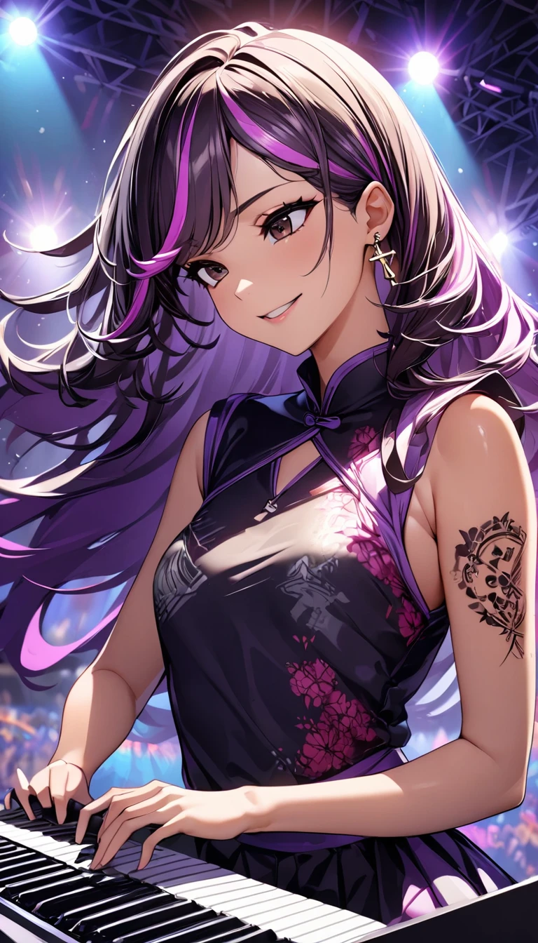 (highest quality:1.2, Very detailed, up to date, Vibrant, Ultra-high resolution, High Contrast, masterpiece:1.2, highest quality, Best aesthetics), Portraiture、girl、singer、stage、performance、Rock Music、Bright colors、Beautiful fine details、Beautiful lip detail、long hair、black and purple ((streaked hair:1.6)), highlights hair: 1.5, rbrown eyes, cross earrings, slim body, small breast, Music band、Cheerful pose、Concert Light、Edgy Style、colorful Cheongsam, (no sleeve:1), Dynamic Movement、hypnotic sounds、Stadium、amplifier、Loud music、keyboard player, (playing keyboard hard:1.6), two leyboards, (Floral Fineline tattoo design on left arm:1), Passionate performance、Sparkling stage、Concert atmosphere、Music Festival、Full of emotion、Rock star attitude、Resolute expression、Avid Fan、The presence of an attractive stage、 Expressive gestures、Rock star aura、An exciting atmosphere、Sing with all your heart、An unforgettable show。