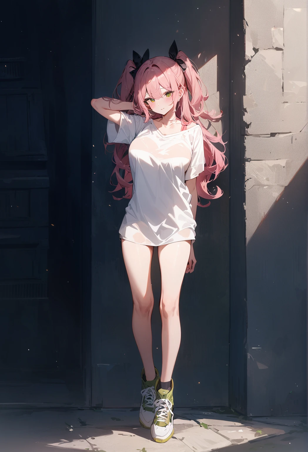 masterpiece:1.2,Best quality,Very detailed, Red eyes,Pink long hair,Green eyes,A standing anime girl