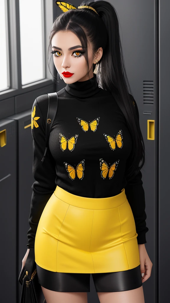 Masterpiece, teenage girl, black ponytail, gorgeous face, yellow eyes, highly detailed eyes, make-up with eyeliner and mascara, red lipstick, yellow tight-fitting turtleneck. , butterfly print miniskirt, leaning against a locker, 30k, exquisite clothing details, high detail, perfect lighting, cinematic lighting, sharp focus.