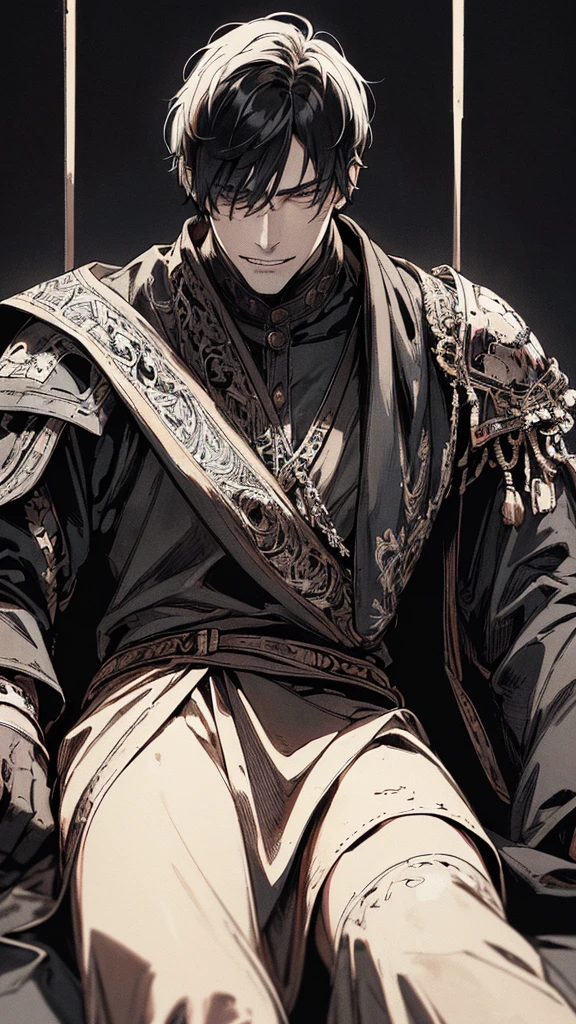 Best quality, (background_detail), high_contrast, detail_original_illustration, warrior, muscular, villain face, armored, full_body, medieval, crease between eyes, young man, man in 20s, dark_stitch_landscape, (dramatic_lighting:1. 25), (shaded_background:1.2), black_hair, (short black hair:) 1.1 ), Large figure, Delicate face, Evil smile, Sharp eyes, Black background, (Black background:1.5), Beautiful line drawing, Black and white