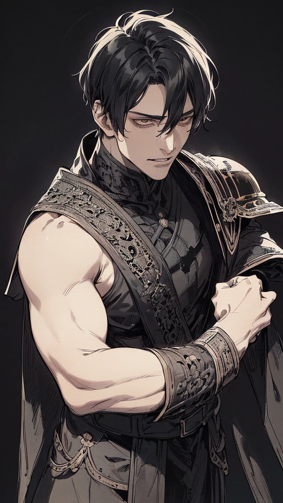 Best quality, (background_detail), high_contrast, detail_original_illustration, warrior, muscular, villain face, armored, full_body, medieval, crease between eyes, young man, man in 20s, dark_stitch_landscape, (dramatic_lighting:1. 25), (shaded_background:1.2), black_hair, (short black hair:) 1.1 ), Large figure, Delicate face, Evil smile, Sharp eyes, Black background, (Black background:1.5), Beautiful line drawing, Black and white