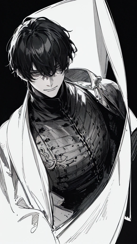 Best quality, (background_detail), high_contrast, detail_original_illustration, warrior, muscular, villain face, armored, full_body, medieval, crease between eyes, young man, man in 20s, dark_stitch_landscape, (dramatic_lighting:1. 25), (shaded_background:1.2), black_hair, (short black hair:) 1.1 ), Large figure, Delicate face, Evil smile, Sharp eyes, Black background, (Black background:1.5), Beautiful line drawing, Black and white