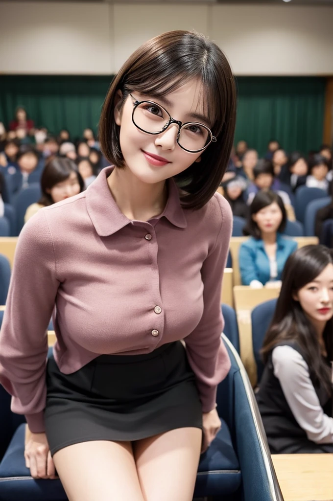 Adult feminine sex appeal、Sexy female scholar、Surrounded by female college students、University lecture hall, university psychology associate professor, ((full body)), ((photo)), ((best qualtiy, 8K, tmasterpiece:1.3)), Focus:1.2, perfect figure beautiful woman:1.41woman, cowboy shot, look at viewer, eyes facing the camera, incredibly absurd, beautiful and cute woman with a photorealistic face, showcasing top-quality craftsmanship, A Japanese woman giving a lecture at a university lecture hall, 27 years old, with a bob cut and flipped hair, short bangs swept at an angle, smooth and shiny hair, natural hairline, fair and smooth skin, plump and healthy cheeks, large, jet black eyes, round eyes, long and upward-facing eyelashes, double eyelids, thin and straight eyebrows, small and round nose, plump lips, upturned corners of the mouth, charming smile, cute face, glamorous, well-balanced proportions, tall, beautiful D-cup breasts, silver-rimmed glasses, pink blouse, black tight skirt, fashion with a waist-marked silhouette, scarf, heeled shoes, vanilla perfume, beautiful, pretty older woman, glasses suit her, knowledgeable, playful, curious, smart, elegant, November