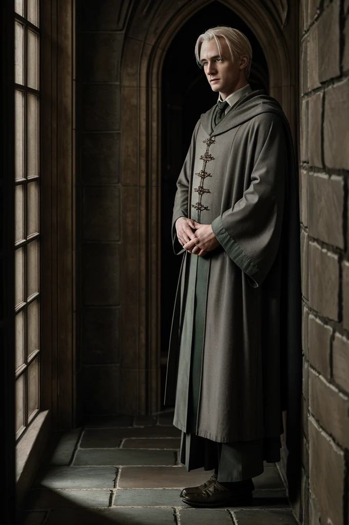 Draco Malfoy stood in a deserted corridor of Hogwarts, its ancient stone walls bathed in the soft, ethereal glow of torchlight. The shadows played tricks along the rough-hewn stones, casting shifting patterns that danced at the edges of his vision. He leaned against the cold, moss-covered wall, his platinum blonde hair catching the flickering light as he stared out of a tall, narrow window. Through its leaded glass panes, the moonlight filtered in, casting a silvery sheen across the flagstone floor.
His silver-gray eyes, usually sharp and calculating, now held a glint of uncertainty and weariness. The weight of his family's expectations and the burden of past decisions seemed to press upon him, evident in the slight furrow of his brow and the tense set of his jaw. His Hogwarts robes, usually immaculate and bearing the emblem of Slytherin House, now hung slightly askew, a testament to the disarray of his thoughts.
Around him, the echoes of distant footsteps and the occasional flutter of an unseen creature's wings added to the eerie ambiance of the corridor. The air was thick with the scent of ancient magic and the memories of generations of witches and wizards who had walked these same halls. A faint breeze stirred, carrying with it the scent of winter and the promise of snowflakes soon to come