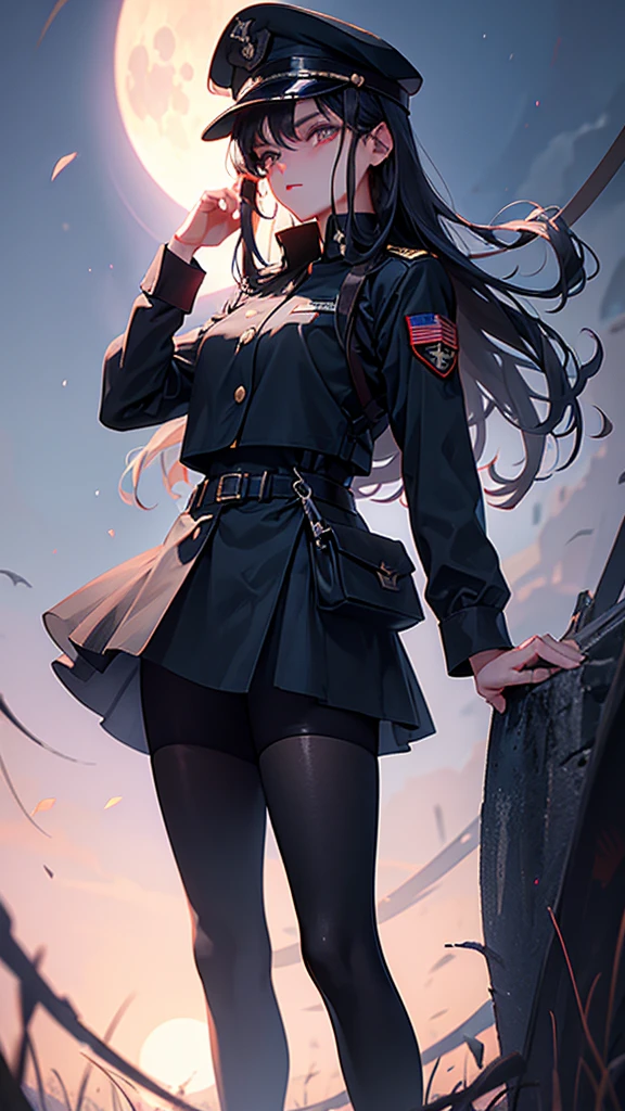 1 girl in black military uniform, 18 years old, military hat that matches the uniform, long black hair, red eyes, spider web background, full moon, moonlight, face in shadow, light particles, fantastical atmosphere, best quality, 4k, 8k, highres, masterpiece, ultra-detailed, realistic, photorealistic, photo-realistic, HDR, UHD, studio lighting, ultra-fine painting, sharp focus, physically-based rendering, extreme detail description, professional, vivid colors, bokeh