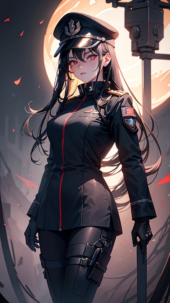 1 girl in black military uniform, 18 years old, military hat that matches the uniform, long black hair, red eyes, spider web background, full moon, moonlight, face in shadow, light particles, fantastical atmosphere, best quality, 4k, 8k, highres, masterpiece, ultra-detailed, realistic, photorealistic, photo-realistic, HDR, UHD, studio lighting, ultra-fine painting, sharp focus, physically-based rendering, extreme detail description, professional, vivid colors, bokeh