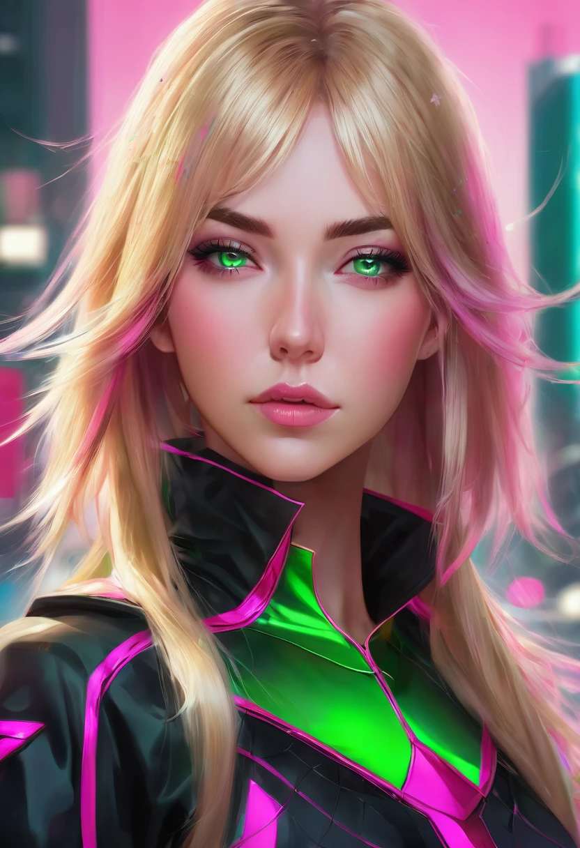 woman blonde hair green eyes and pink batmand a black top, realistic art style, RossDraws portrait, Artgerm portrait, Anime realistic artstyle, 4K realistic digital art, 4K realistic digital art, 8K Artgerm Bokeh, DeviantArt Artstation CGScosiety, ArtGerm extremely detailed, made with anime painter studio, RossDraw digital painting