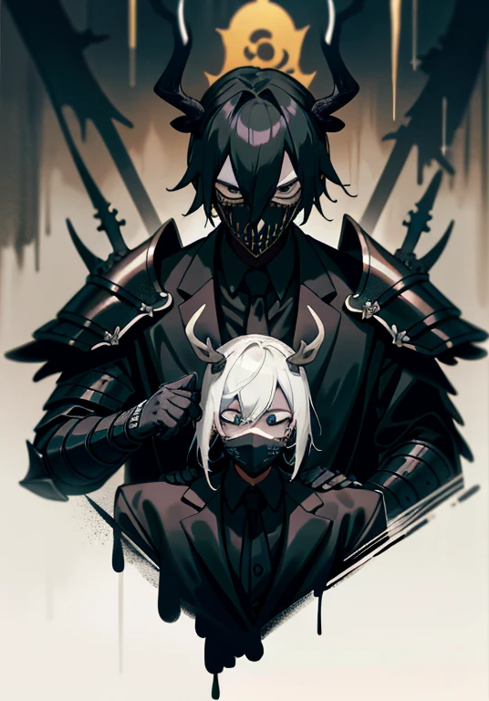 high quality image of a ninja, black suit in the body, suit decorated with blue gothic lines, elk horns on his head, white mask corroded by black blood, an eye instead of the mouth, dripping darkness, black eyes, neck full of visible black sutures, golden half-body armor, macabre gothic castle background,