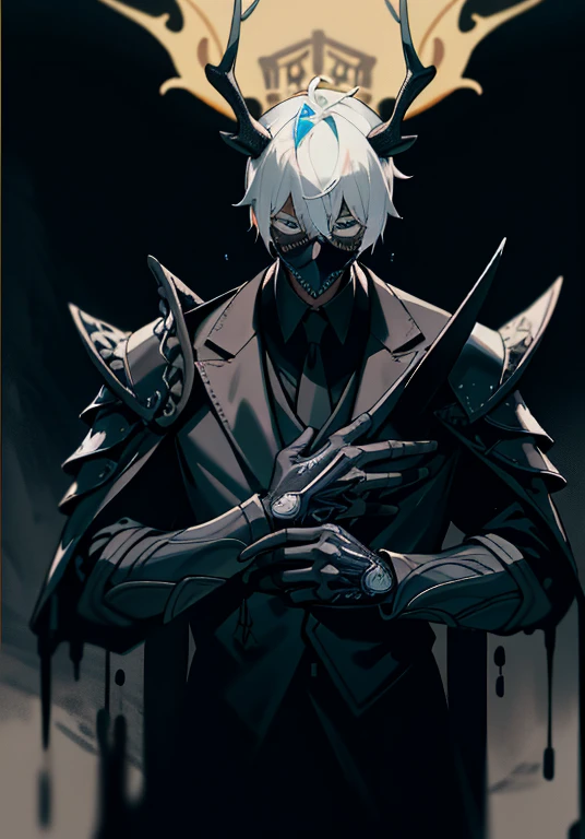 anime character with a mask and horns on his head, prince crown of black gears, vampre the masquerade, pixiv, highly detailed exquisite fanart, Pisif style, detailed anime character art, shigenori soejima illustration, black eyepatch, Pisif Contest Champion, from arknights, at pixiv, portrait of a bloodborne hunter, Featured on Pisif