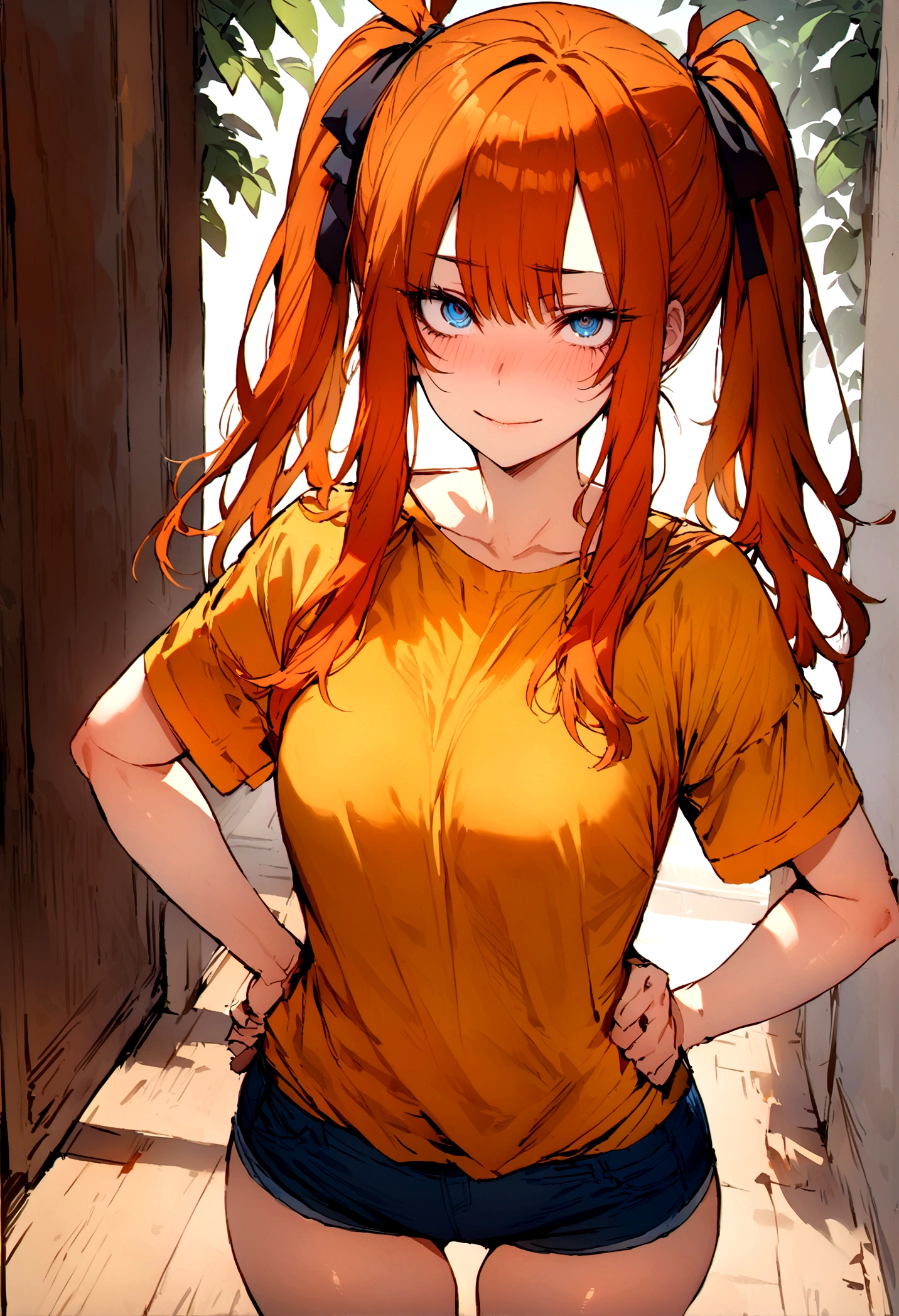 (masterpiece), best quality, expressive eyes, perfect face, 1girl, solo, blue eyes, dark orange Hair, Loose hair, hair ribbon, long hair, black ribbon, sidelocks, bangs two side up, smile, yellow shirt, short sleeves, blue short shorts, slim figure hands on hips, one arm bandaged from hand to the elbow, red bandage, looking at viewer,