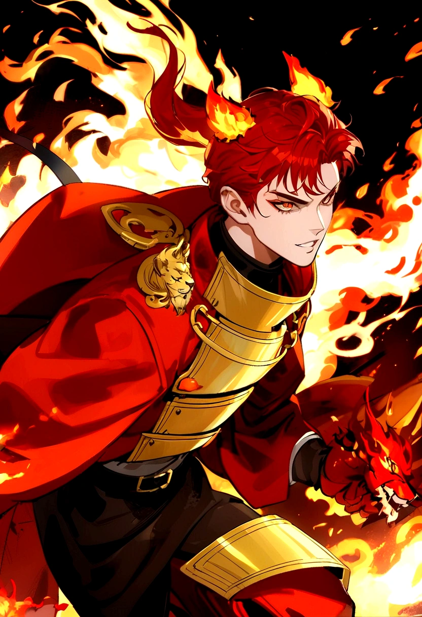 anime character with red hair and a red cape on a fire, chico con mascara de fire en el arte de Demon Slayer, blade fire,fire behind him, fire!! whole body, Heise Jinyao, demon slayer rui fanart, burning hell, fire lion, anime style like destiny/Overnight stay, (fire), fire embers, the fire king, Tanjiro Kamado, completely consisting of fire
