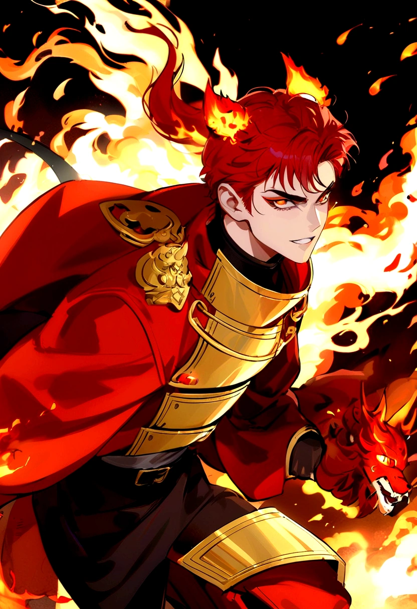 anime character with red hair and a red cape on a fire, chico con mascara de fire en el arte de Demon Slayer, blade fire,fire behind him, fire!! whole body, Heise Jinyao, demon slayer rui fanart, burning hell, fire lion, anime style like destiny/Overnight stay, (fire), fire embers, the fire king, Tanjiro Kamado, completely consisting of fire