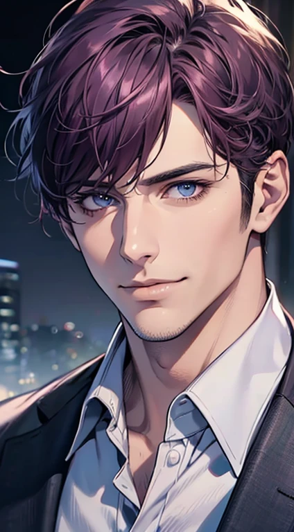(best quality,4k,8k,highres,masterpiece:1.2),ultra-detailed,(realistic,photorealistic,photo-realistic:1.37),1 man,31 years old,mature man,very handsome,without expression,smile,short purple hair,blue eyes,penetrating gaze,perfect face without errors,imposing posture,businessman,office background,cinematic lighting,hdr image