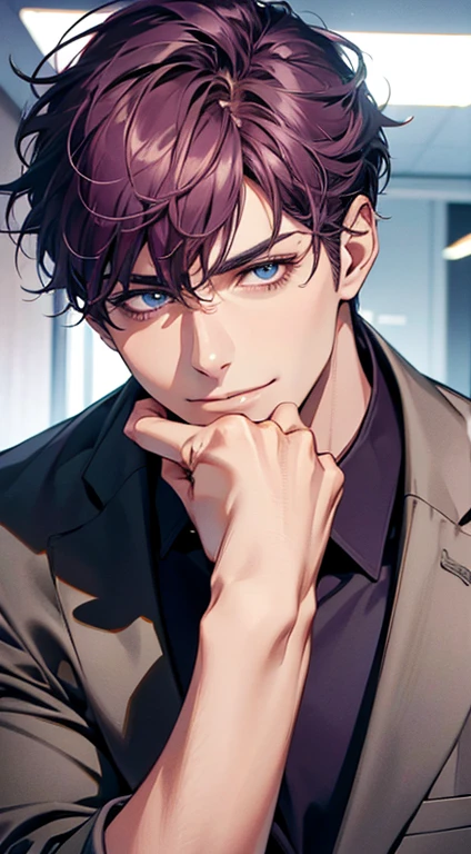 (best quality,4k,8k,highres,masterpiece:1.2),ultra-detailed,(realistic,photorealistic,photo-realistic:1.37),1 man,31 years old,mature man,very handsome,without expression,smile,short purple hair,blue eyes,penetrating gaze,perfect face without errors,imposing posture,businessman,office background,cinematic lighting,hdr image