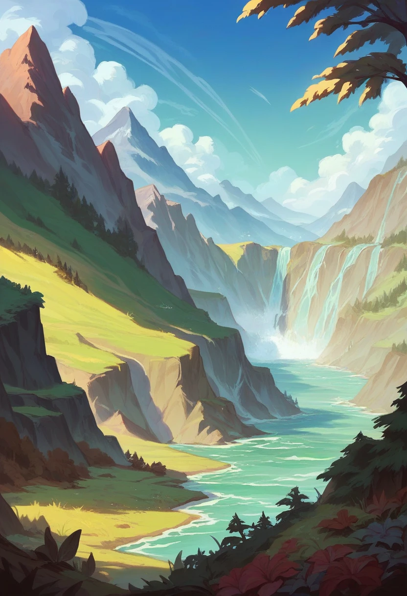 massive fantasy landscape, big cresent-shaped mountain with waterfall from top to bottom, mountain ranges. Front scene colourful flora, many different trees. background behind mountains is raging tsunami waves. sky is detailed full dense clouds, with sun ray piercing