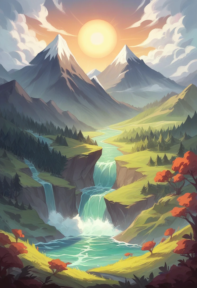 massive fantasy landscape, big cresent-shaped mountain with waterfall from top to bottom, mountain ranges. Front scene colourful flora, many different trees. background behind mountains is raging tsunami waves. sky is detailed full dense clouds, with sun ray piercing