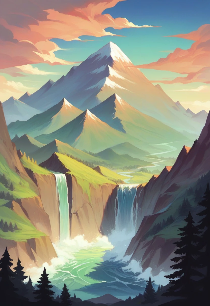 massive fantasy landscape, big cresent-shaped mountain with waterfall from top to bottom, mountain ranges. Front scene colourful flora, many different trees. background behind mountains is raging tsunami waves. sky is detailed full dense clouds, with sun ray piercing