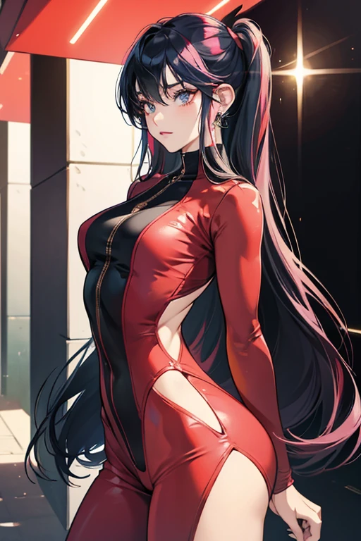 As Ladybug, she dons a jumpsuit reminiscent of her counterpart's attire, with some notable differences. While the majority of the black fades, portions of it remain prominent on her sides, upper arms, and legs. The jumpsuit features an extended turtleneck, retaining her pendant as a distinctive accessory. Her hair reverts to her usual civilian style, marked by a shift in her bang color from pink to red. Additionally, her eyes transition back to their original blue color. SPARKLE; GLITTER