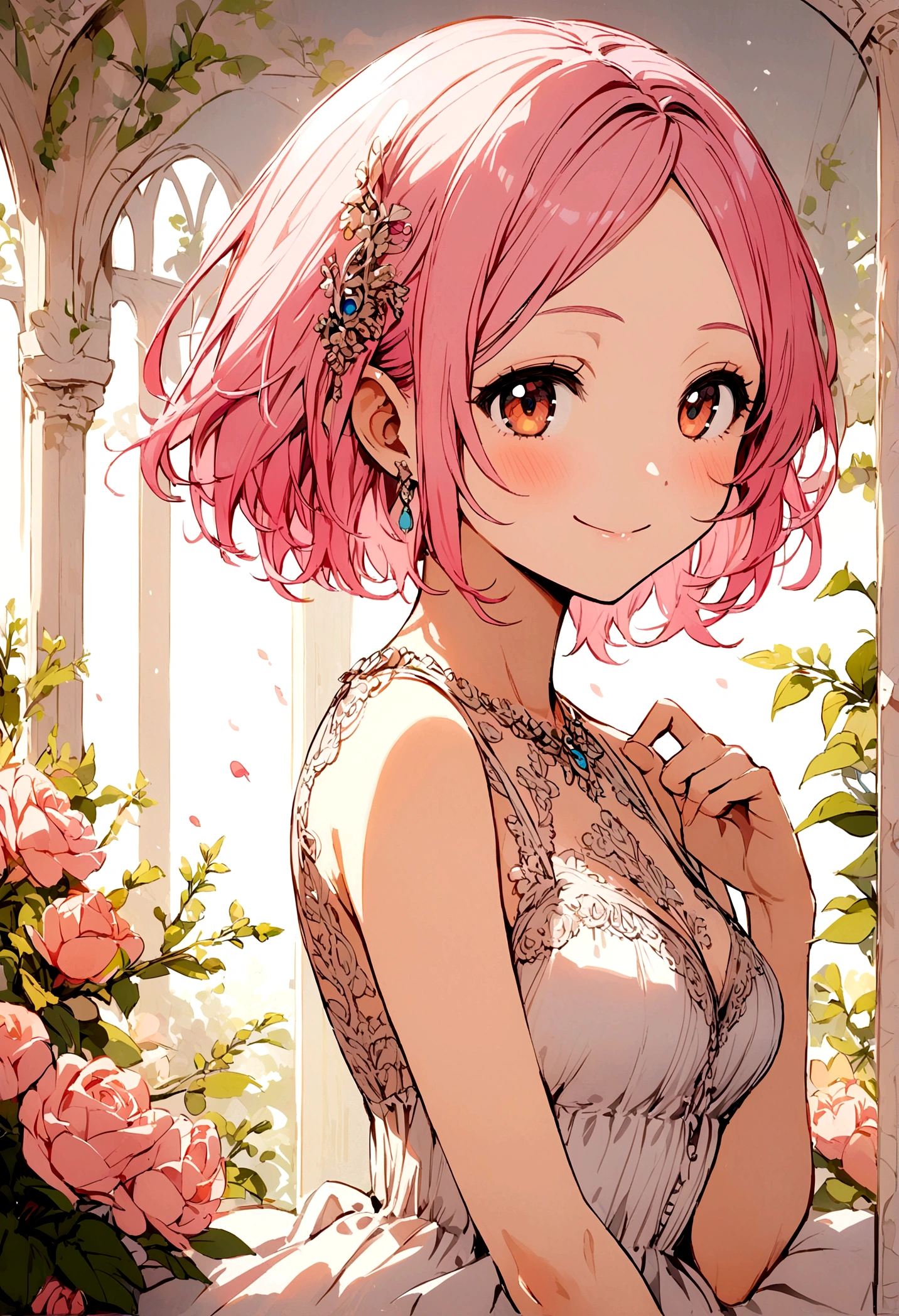 pink hair girl, short hair, no bangs, no bangs, smiling, underwear