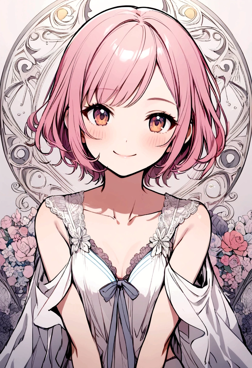 pink hair girl, short hair, no bangs, no bangs, smiling, underwear